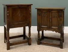 TWO LINEN FOLD HUTCH CUPBOARDS, 68 (h) x 51 (w) x 33cms (d), and 75 (h) x 47 (w) x 37cms (d)