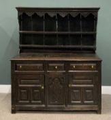 CAERNARFONSHIRE OAK DRESSER, 18th Century and later, two shelf shaped rack over base of three