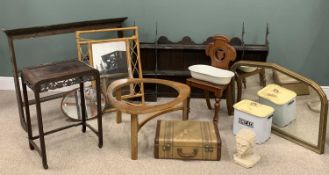 ASSORTED FURNITURE to include two dresser/wall racks, mid-century table, enamelled bread bin, hall