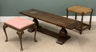 THREE ITEMS OF FURNITURE to include polished bench/table, 46 (h) x 150 (w) x 46cms (d), an