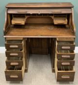VINTAGE OAK ROLL-TOP DESK, slatted tambour front, interior drawers and pigeon-holes, upper slide-out