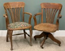 OAK SWIVEL OFFICE ARMCHAIR & MATCHING ARMCHAIR, curved backs, fan shaped back slats, shaped solid