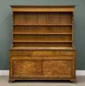 GEORGE IV & LATER SCUMBLED PINE DRESSER, circa 1820, wide boarded back three shelf rack, three