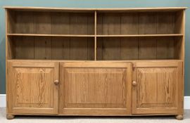 VINTAGE PITCH PINE SCHOOLHOUSE BOOKCASE-CUPBOARD, four divided upper shelves, central lower panel,
