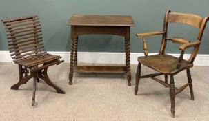 THREE ITEMS OF VINTAGE FURNITURE including unusual chair with slatted seat and a barley twist oblong