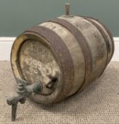 VINTAGE WOODEN ALE BARREL, mental banded with tap and inscribed 