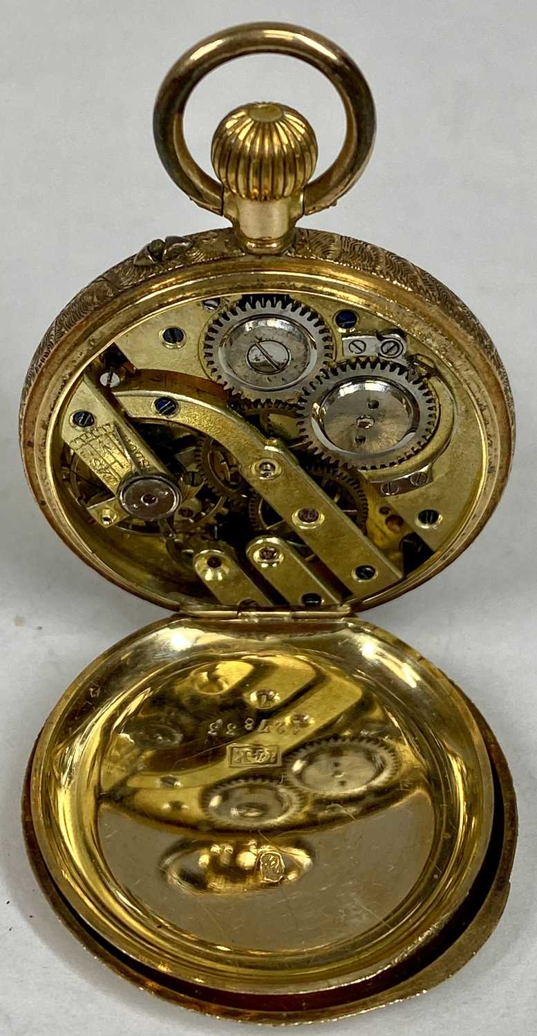 ROSE GOLD FOB WATCH, top wind, black Roman numerals and blued hands, foliate engraved case, - Image 4 of 7