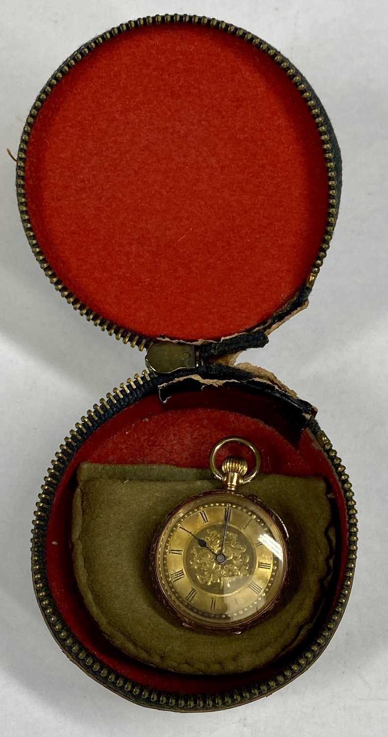 ROSE GOLD FOB WATCH, top wind, black Roman numerals and blued hands, foliate engraved case, - Image 3 of 7