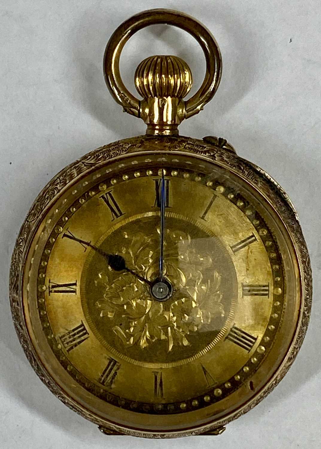 ROSE GOLD FOB WATCH, top wind, black Roman numerals and blued hands, foliate engraved case, - Image 6 of 7