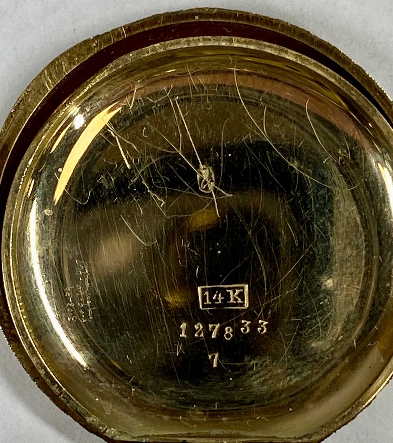 ROSE GOLD FOB WATCH, top wind, black Roman numerals and blued hands, foliate engraved case, - Image 5 of 7