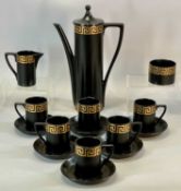 PORT MERION BLACK GLAZED COFFEE SERVICE, with gold Grecian key design, by Susan Williams-Ellis, 15