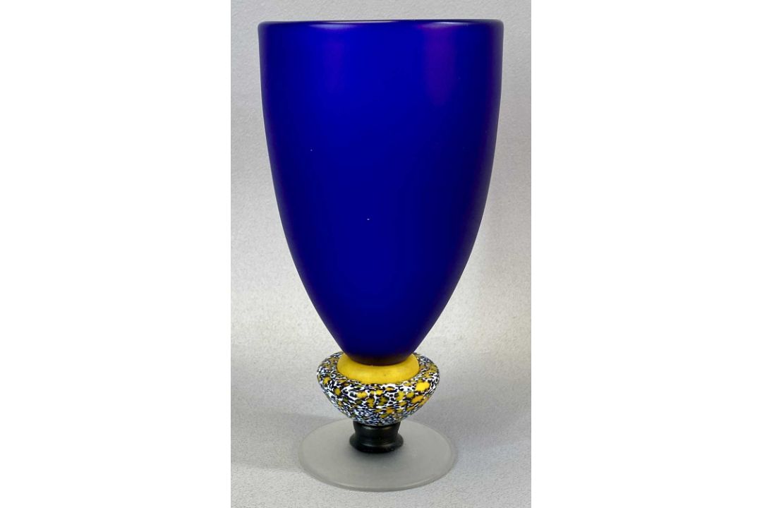 PAUL BARCROFT (Contemporary British) GLASS VASE/GOBLET, sapphire blue bowl, abstract knop on short