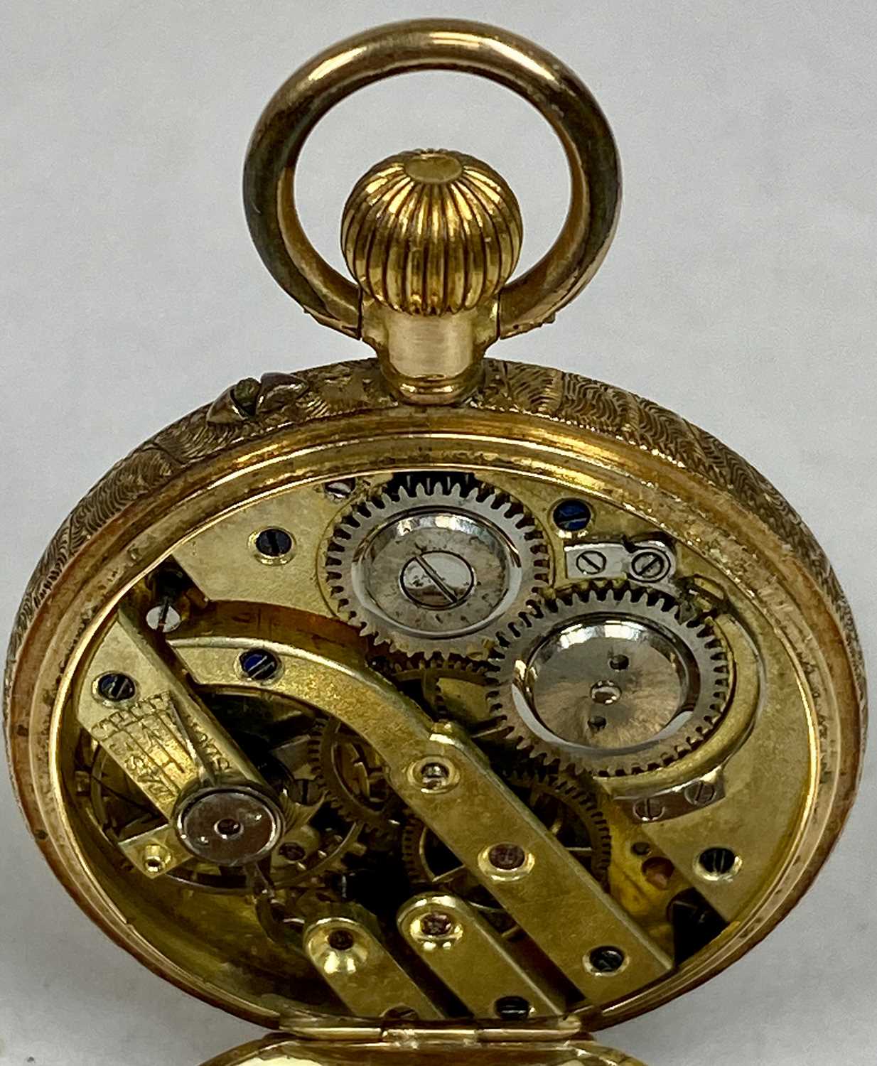 ROSE GOLD FOB WATCH, top wind, black Roman numerals and blued hands, foliate engraved case, - Image 7 of 7