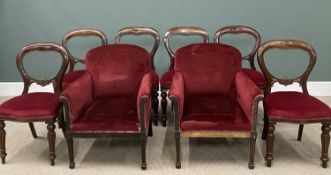 SET OF SIX VICTORIAN BALLOON BACK CHAIRS & PAIR OF SIMILARLY UPHOSLTERED ARMCHAIRS all in burgundy