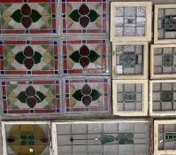 LARGE GROUP OF STAINED & LEADED GLASS PANELS including a metal framed two section door, 181 x 50cms,