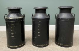 THREE MILK CHURNS painted black aluminium, embossed 'Milk Marketing Board', 75cms (h), 35cms (base