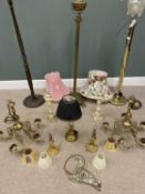 GROUP OF ASSORTED LIGHTING to include three standard lamps, brass chandeliers, glass lustre ceiling,
