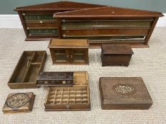 WOODEN TABLETOP BOX ASSORTMENT & TWO VINTAGE SNOOKER/BILLIARD SCORE BOARDS Provenance: private