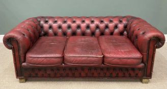 RED LEATHER THREE SEATER CHESTERFIELD TYPE SOFA 68 (h) x 188 (w) x 58cms (d) Provenance: private