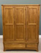 ALMOST NEW OAK TRIPLE WARDROBE having two base drawers, 185 (h) x 144 (w) x 59cms (d) Provenance: