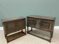 TWO VINTAGE OAK HUTCH TYPE CUPBOARDS, 84 (h) x 106 (w) x 41.5cms (d) and 79 (h) x 84 (w) x 39cms (d)