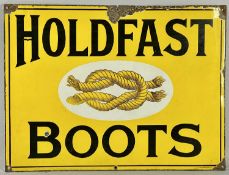 VINTAGE ENAMEL ADVERTISING SIGN FOR HOLDFAST BOOTS with black lettering and single line border,