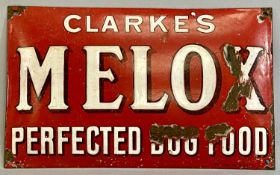 VINTAGE ENAMEL ADVERTISING SIGN, Clarke's Melox Perfected Dog Food, cushion effect sign, white