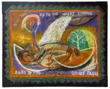 ‡ 20TH C. SCHOOL oil on panel - abstract with verse by Pablo Neruda, 'What Spring Does', enscribed