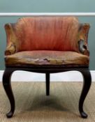 GEORGE III MAHOGANY LIBRARY BERGERE, French Hepplewhite style, moulded frame with shallow draped