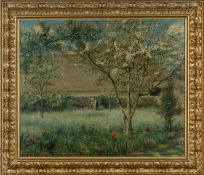 EARLY 20TH C BRITISH SCHOOL, oil on canvas - Walled Orchard Garden, with figure tending a border, 49