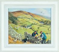 VIVIENNE LUXTON oil on board - farmers rebuilding wall in foreground with farmstead and sheep