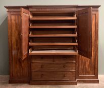 VICTORIAN MAHOGANY TRIPLE WARDROBE, breakfront middle section with twin glazed doors and interior