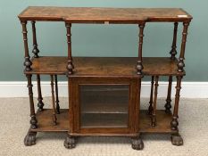 BURR WALNUT WHATNOT-CABINET having two upper shelves and a base with glazed doors and hairy paw