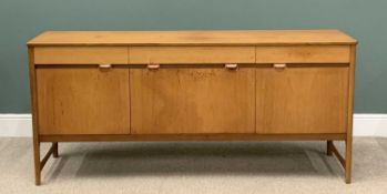 MID-CENTURY TYPE LIGHT WOOD SIDEBOARD having three frieze drawers over two cupboard doors and a fall