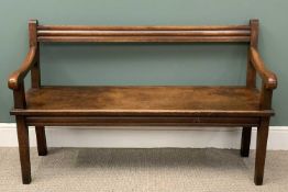 ANTIQUE OAK BENCH with scrolled arms and single rail back, 87 (h) x 141 (w) x 51 (d) cms Provenance: