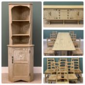 LIMED OAK DINING SUITE comprising refectory type table, 74 (h) x 198 (w) x 77 (d) cms, six dining