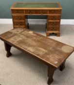 REPRODUCTION YEW TWIN PEDESTAL DESK, 76 (h) x 123 (w) x 51 (d) cms and a RUSTIC OAK COFFEE TABLE, 47