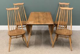 ERCOL ELM / BEECH DROP LEAF TABLE & SET OF FOUR SIMILAR 'MOUSTACHE' CHAIRS, 97 (h) x 42 (w) x 38 (d)