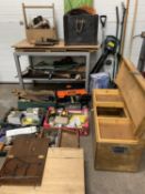 WORKSHOP & GARAGE TOOLS to include a good old timber toolbox, long handled garden tools, vintage