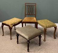 THREE VINTAGE UPHOLSTERED FOOT & OTHER STOOLS / INLAID MAHOGANY BEDROOM CHAIR Provenance: Private