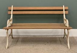GARDEN BENCH with slatted wooden planks and cast ends, 69 (h) x 122 (w) x 56 (d) cms Provenance: