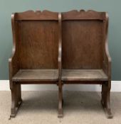 ARTS & CRAFTS PINE TWO SEATER BENCH/PEW, 126 (h) x 119 (w) x 45 (d) cms Provenance: Private