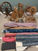 SPINNING WHEELS with accessories, haberdashery items and rolls of material, a large parcel