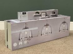 CONTEMPORARY FURNISHING to include a boxed three light pendant by Next and a boxed set of shelves