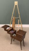 ARTIST'S EASELS (3) & A CANTILEVER HABERDASHERY BOX & CONTENTS Provenance: Private collection Conwy