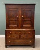 19th CENTURY WELSH OAK PRESS CUPBOARD having two opening doors with fielded panels over a base of