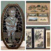 PICTURE ASSORTMENT to include Japanese prints, large leaded glass panel of a small boy 