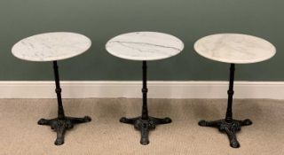 TRIO OF BISTRO TYPE TABLES with white marble tops and cast tripod bases, 72 (h) x 58 (diam) cms