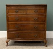 REPRODUCTION MAHOGANY BOW FRONT FOUR DRAWER CHEST, with brush slider, 83 (h) x 77 (w) x 45 (d) cms