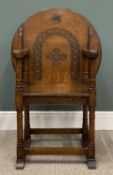 EARLY 20th CENTURY OAK MONK'S BENCH/CHAIR with circular carved top, 74 (h) x 69 (diam) cms